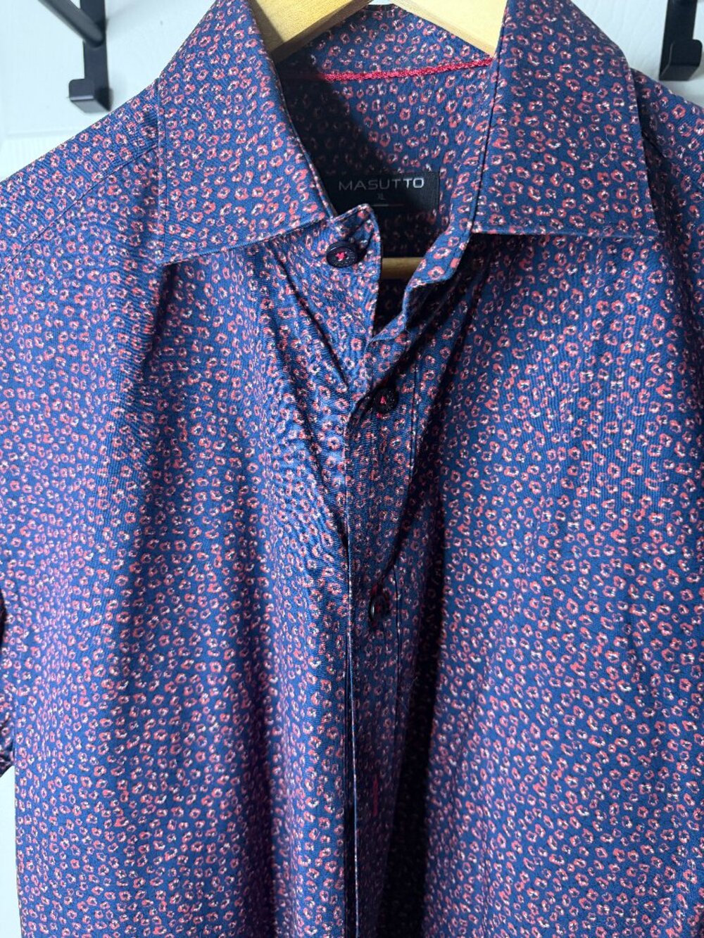 Masutto XL Blue Red Micro Floral Short Sleeve Button-Down Shirt